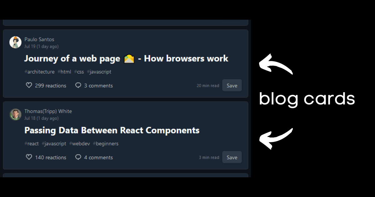 example of two blog cards taken from the dev.to platform